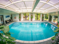 Pool with fixed enclosure type roof and natural plants in the surrounding area
