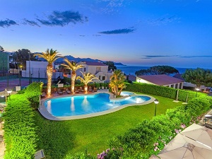 Kidney shaped pool in beautiful garden setting with palm trees