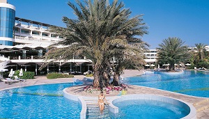 Large hotel pool with promontory