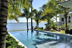 Private infinity edge pool with surrounding palm trees